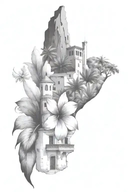 Ibiza among tropical leaves with a village of houses with flat roofs and a tower with three windows tattoo design idea
