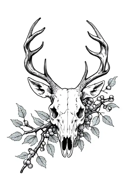 Deer skull and dead branch with berries tattoo design idea