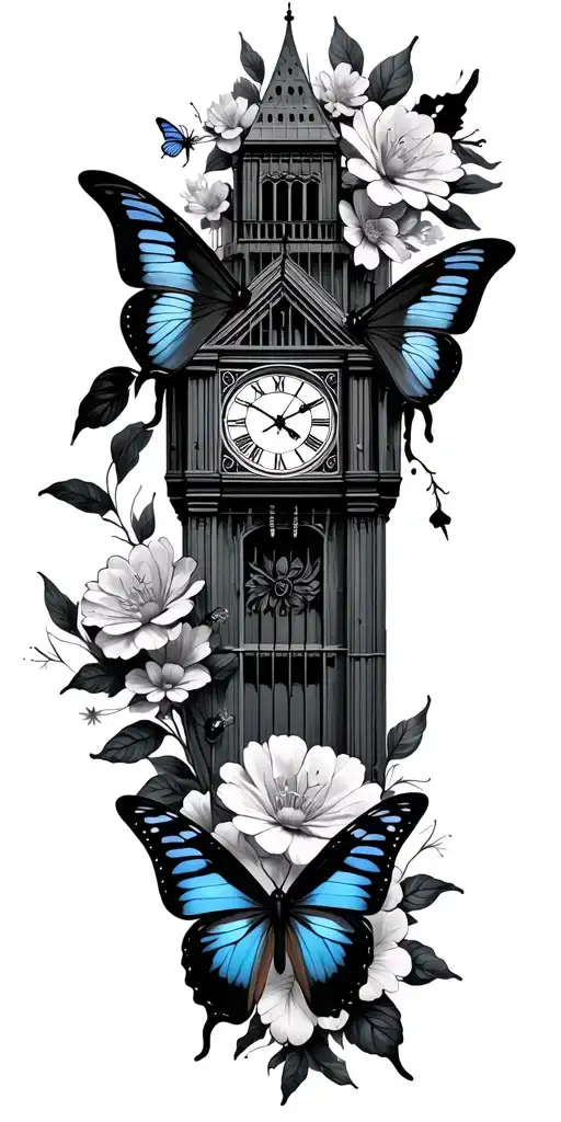 butterflies, flowers, clock tower tattoo design idea