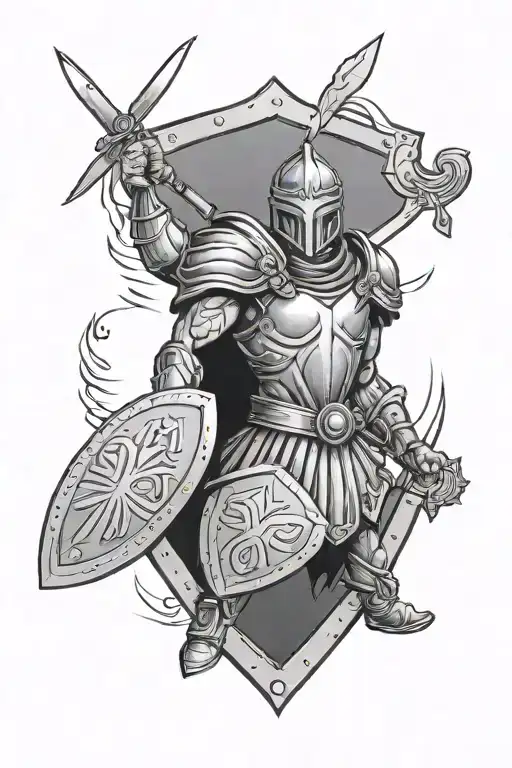 happy warrior with shield, bright light from heart, protecting tattoo design idea