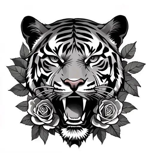 old school black and grey tiger head surrounded by roses tattoo design idea