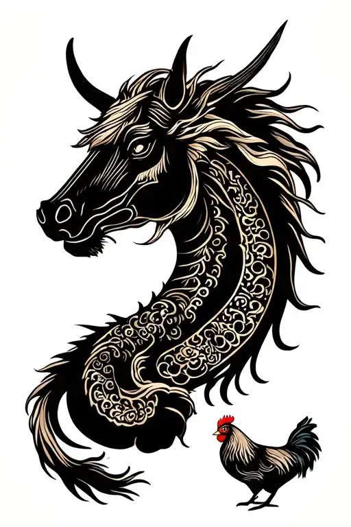 Chinese zodiac dragon, horse, chicken & ox tattoo design idea