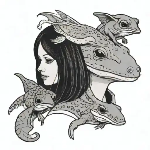 axolotl and penguin and frog simple cute girl and Alien tattoo design idea