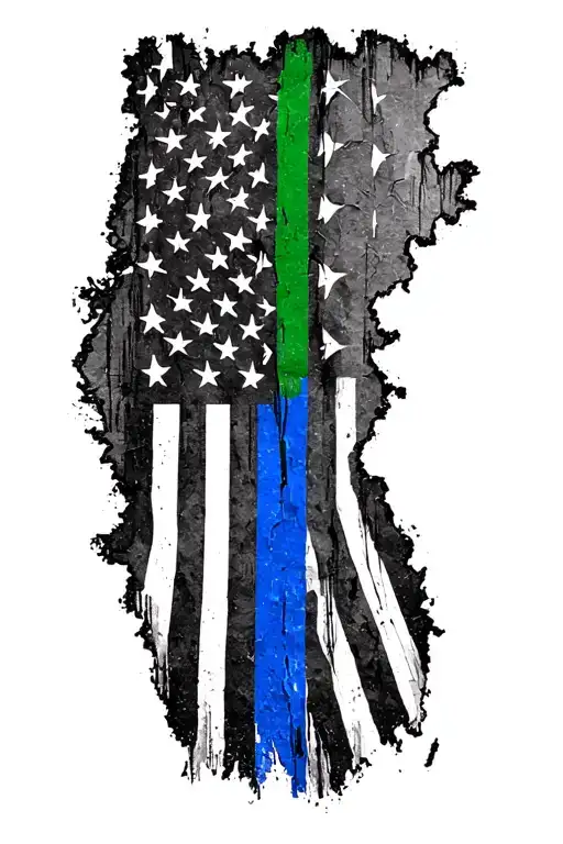 tattered subdued American  flag with thin blue and thin green line in the center tattoo design idea