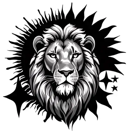 realistic lion with 3 stars and a sun tattoo design idea