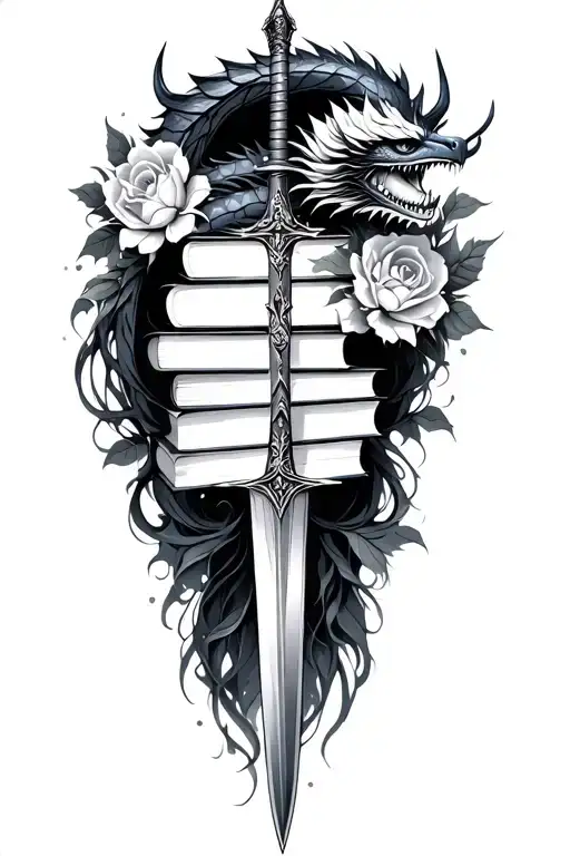feminine stack of books with a dragon, sword and fantasy scene with flowers  tattoo design idea