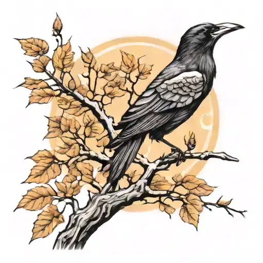 crow moon tree branch tattoo design idea