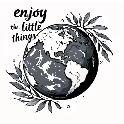 generate me a tattoo with the earth in the center and outside it says "enjoy the little things" tattoo design idea