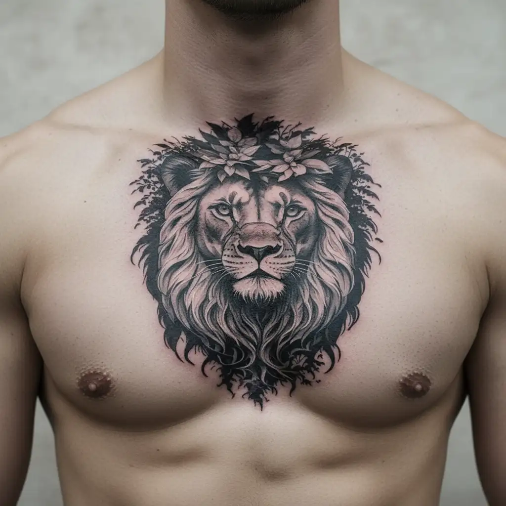 lion face Savannah tree growing tattoo design idea