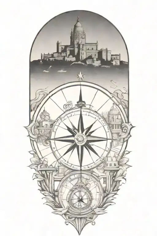 travel inspired tattoo with faded edges featuring compass and italian inspired buildings tattoo design idea