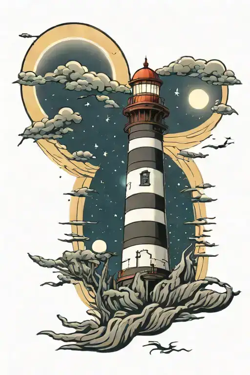light house  with rays and Rottweiler in the moon tattoo design idea