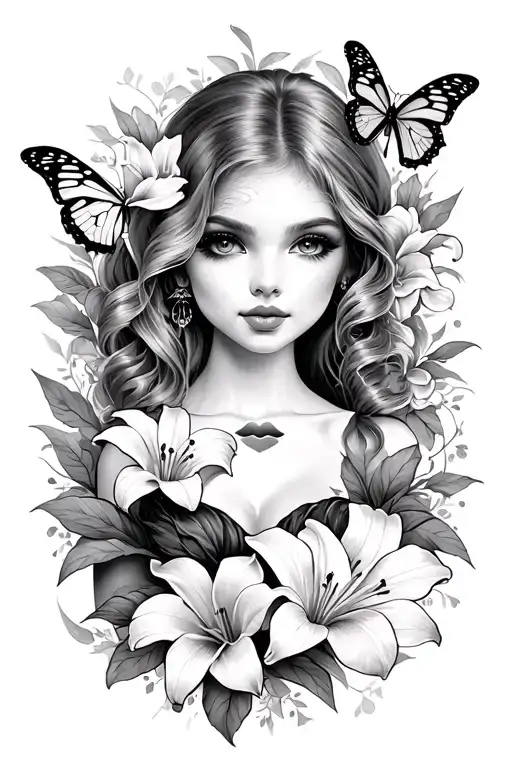 Super girly and coquette half sleeve tattoo with lillies, kiss marks and butterflies  tattoo design idea