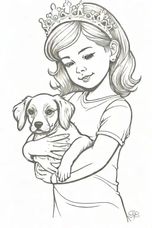 child with princess crown holding a puppy  tattoo design idea
