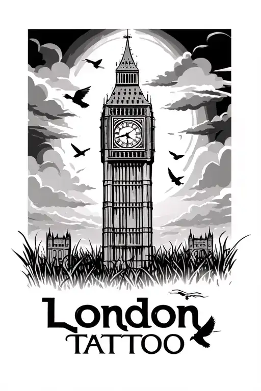 tall Big Ben with grass at the bottom with clouds surrounding, little birds flying around with a sign saying london tattoo design idea