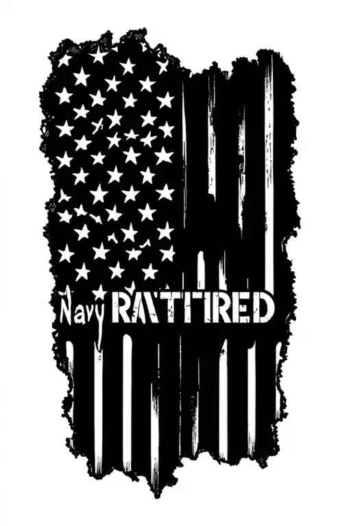 "Navy Retired" Black Ripped American Flag tattoo design idea