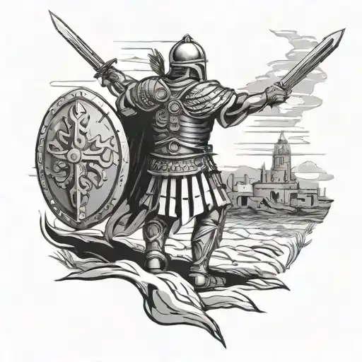 Centurion protecting child walking away he was strong tattoo design idea