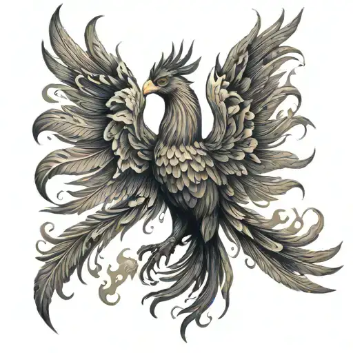 realistic phoenix with detailed feathers and flames rising from the ashes. tattoo design idea