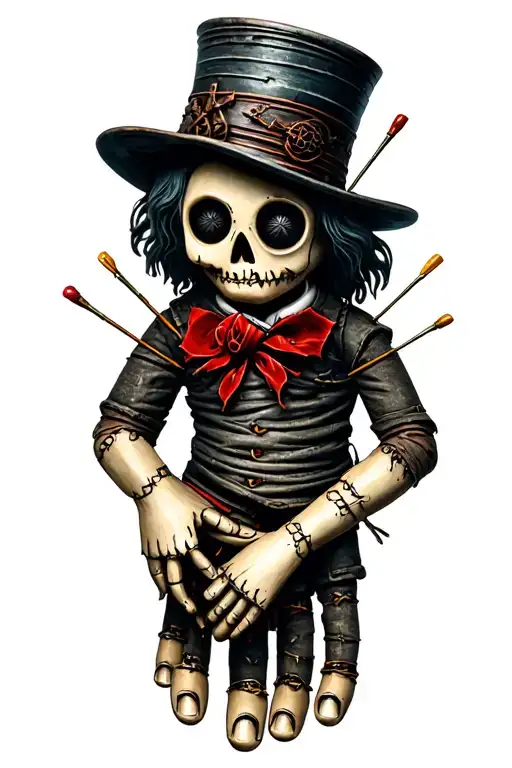 voodoo doll with cylinder hat and needles on his own hand tattoo design idea