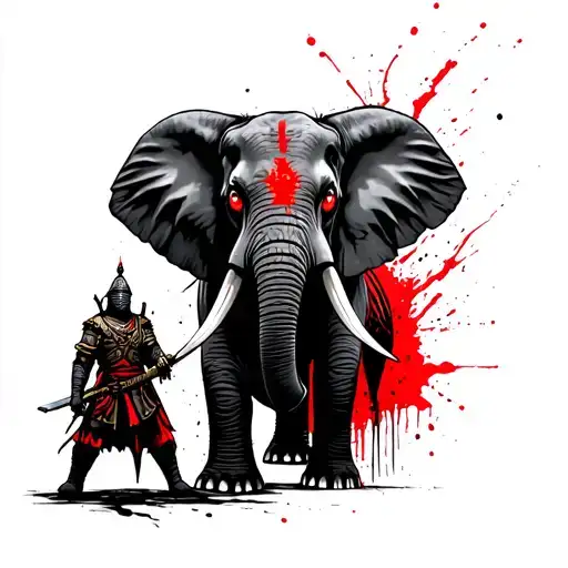 an elephant with shiny eyes and a warrior standing in front of it with a sword tattoo design idea