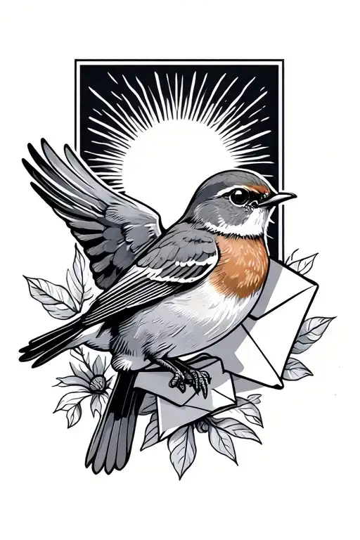 robin bird flying towards sun with envelope in its mouth tattoo design idea