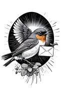 robin bird flying towards sun with envelope in its mouth tattoo design idea