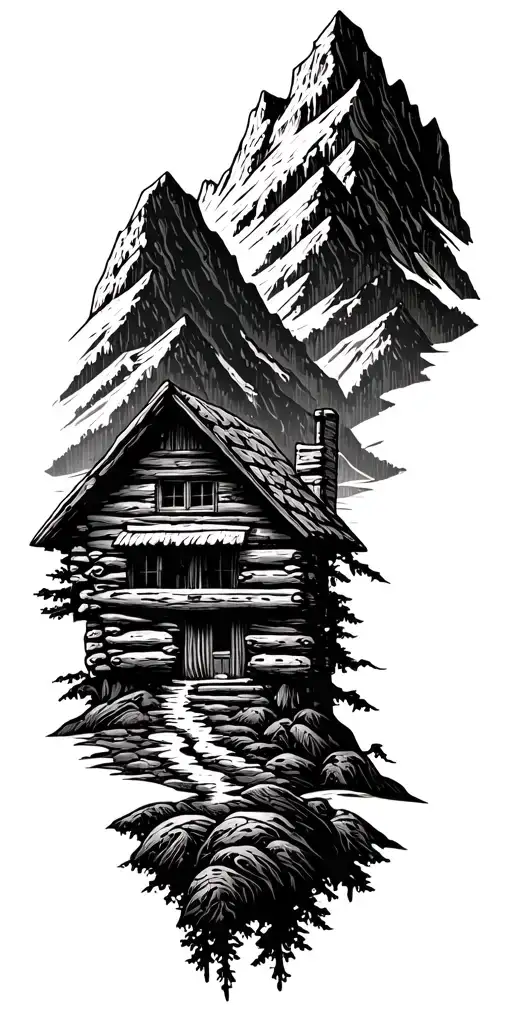 A mountain landscape incorporating a nestled log cabin tattoo design idea