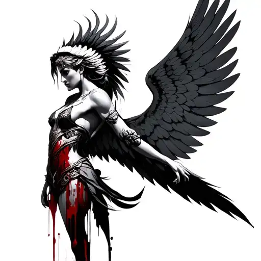 Valkyrie winged standing for profile injury blood tattoo design idea