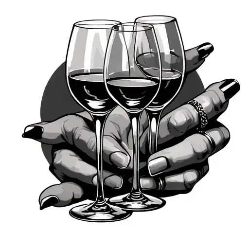 a tattoo with 3 wine glasses and a hand holding then with rings on all fingers tattoo design idea