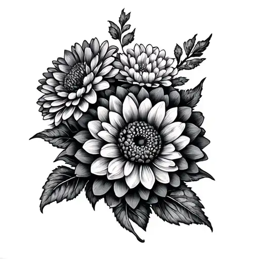 Tattoo on the throat with a composition of flowers of the genus Dahlias or chrysanthemums in a style endowed tattoo design idea