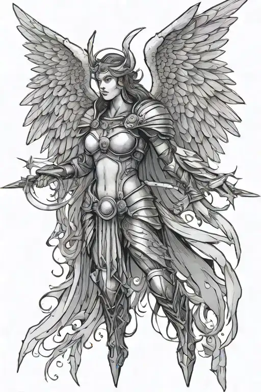 saint michael archangel female, God, 6 wings, Armour warrior, cyberpunk tattoo design idea