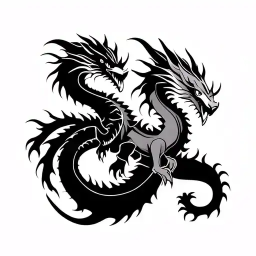 two tribal dragons fighting... one is solid black lines and the other os hollow lines tattoo design idea