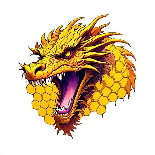 Full arm tattoo with a purplish-yellow dragon head on inner forearm, blending into yellow-brown honeycomb on lower arm,  tattoo design idea