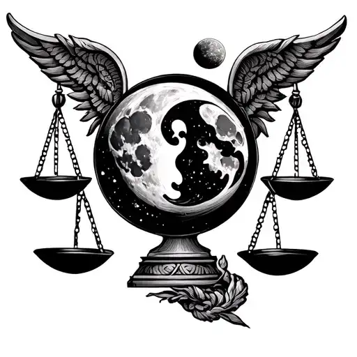 Scales of Justice in the center, done in clean lines or dotwork.One scale holds a moon (intuition, emotion), the other  tattoo design idea