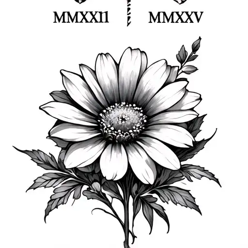 Roman Numerals "MMXXIII" at top, Below it MMXXV. Line inbetween to be lakspur flower mixed with Cosmos Flower tattoo design idea