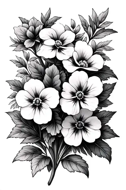 violets black and grey primrose flowers inside with greenery tattoo design idea
