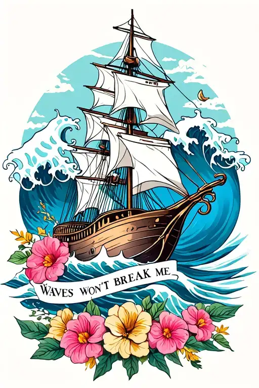 waves, ship, anchor, flowers, wine, "waves won't break me" Mother, skeleton  tattoo design idea