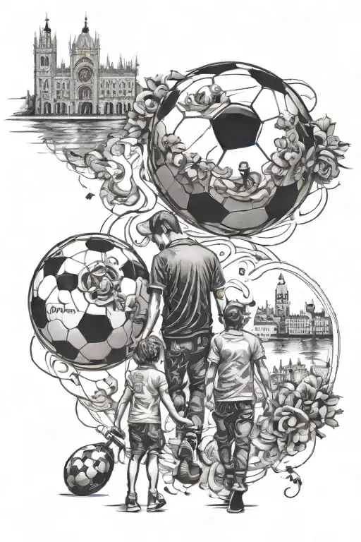 silhouette of a family holding hands with a soccer ball and monuments from Venice, Budapest, turkey and Spain behind tattoo design idea