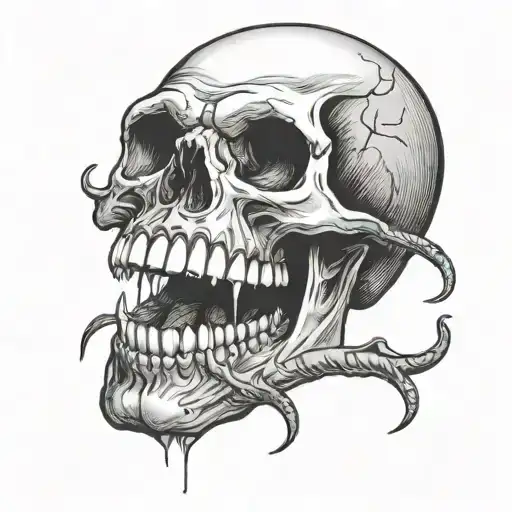 skull open mouth with long tounge sticking out downwards tattoo design idea