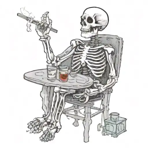 skeleton and table while smoking a cigarette  tattoo design idea