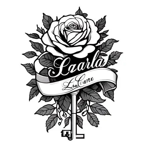 the name LizCarla written in cursive, in front of a rose and a key, wrapped in ribbon  tattoo design idea