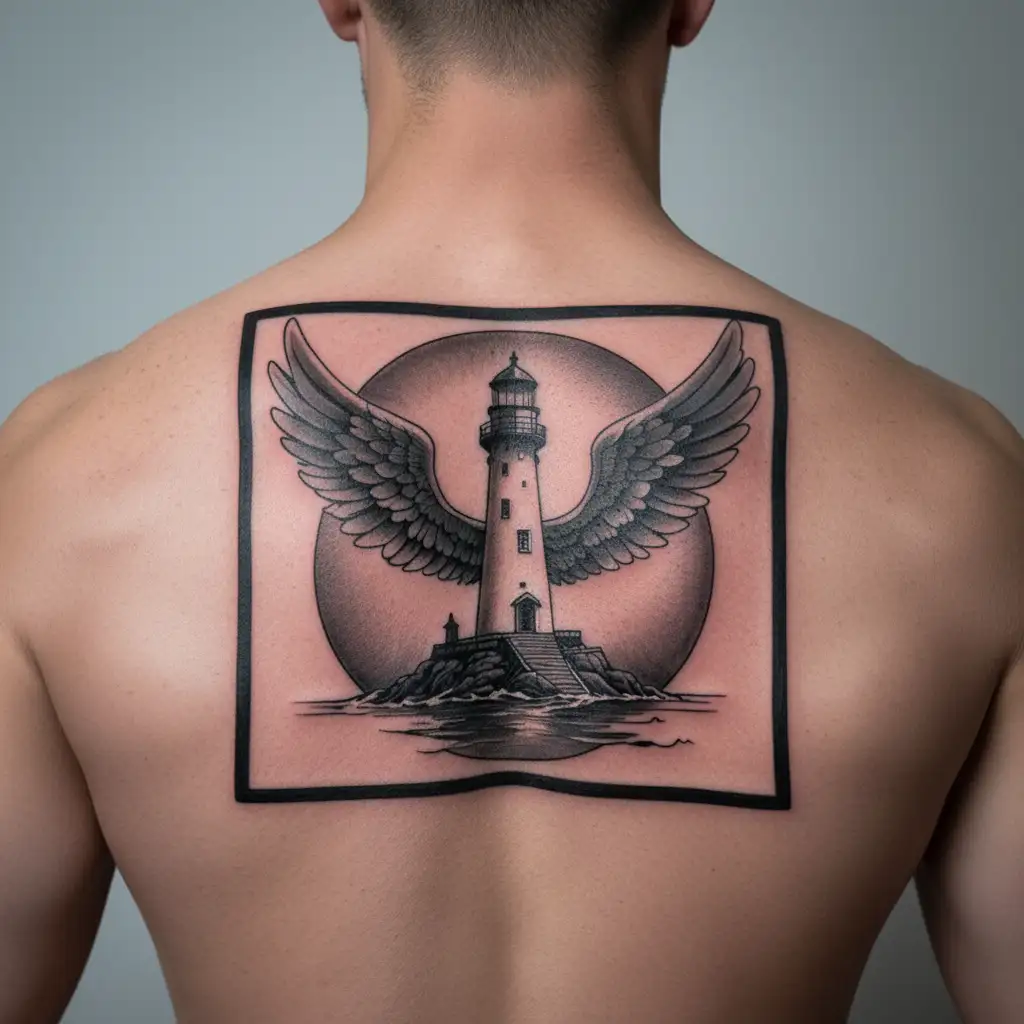 lighthouse with wings tattoo design idea