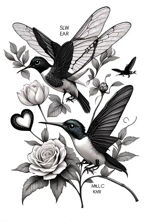 dragon flies, hummingbirds, little hearts with the initial in them "SLW, EAR,  MLC, KMR" add in some tulips and roses  tattoo design idea