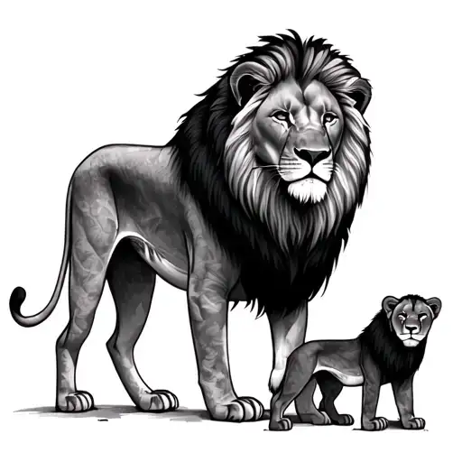 lion standing over lioness and cub tattoo design idea