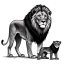 lion standing over lioness and cub tattoo design idea