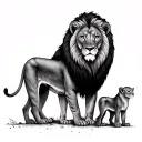lion standing over lioness and cub tattoo design idea