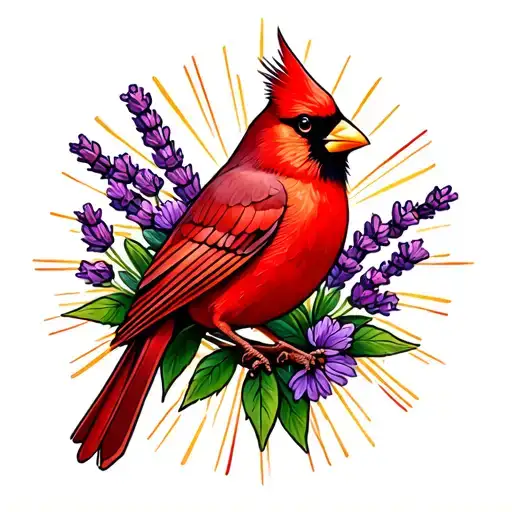 lavender flowers sun rays red cardinal tattoo design idea