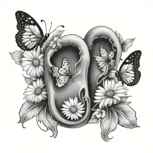 baby footprint with daisies and butterflies  tattoo design idea