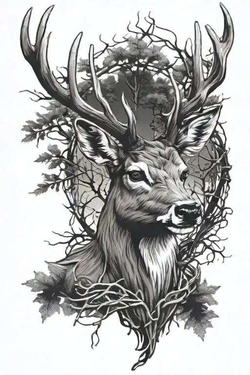 deer head with trees and barbed wire wrapped loosely tattoo design idea