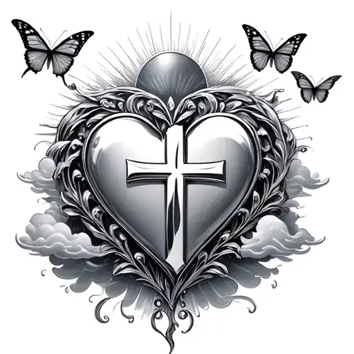 Chrome heart cross with flying butterflies with clouds and sun... tattoo design idea