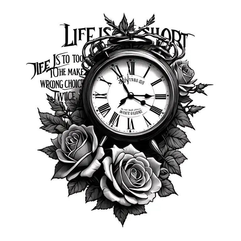 “Life is too short to make the wrong choice twice” With a clock integrated into the tattoo and barbwire and roses  tattoo design idea